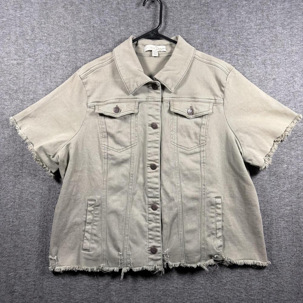 Cato EST. 1946 Denim Jacket Womens 18/20W Green Short Sleeve Fringe Hem Stretch